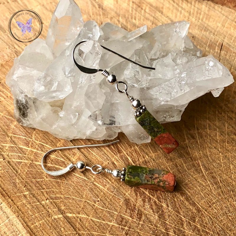 Unakite Rectangle Silver Earrings